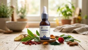 frasco do o que é Mounjax suplemento em gotas sobre superficie clara com ingredientes naturais ao redor